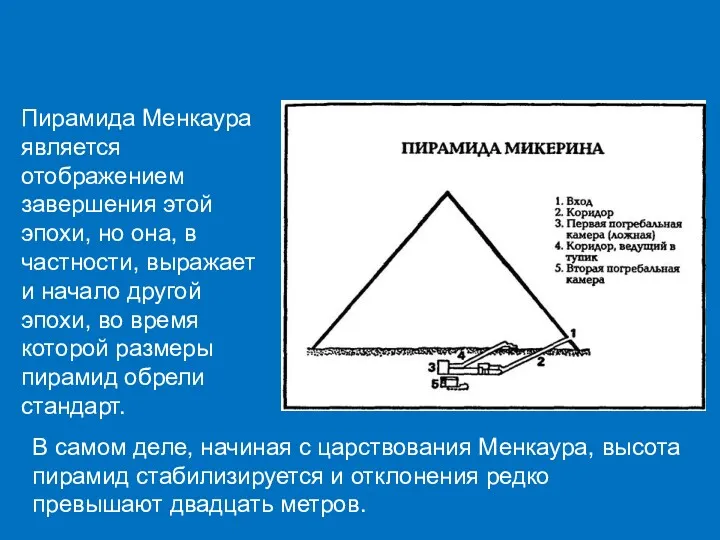 Пирамида Менкаура является отображением завершения этой эпохи, но она, в