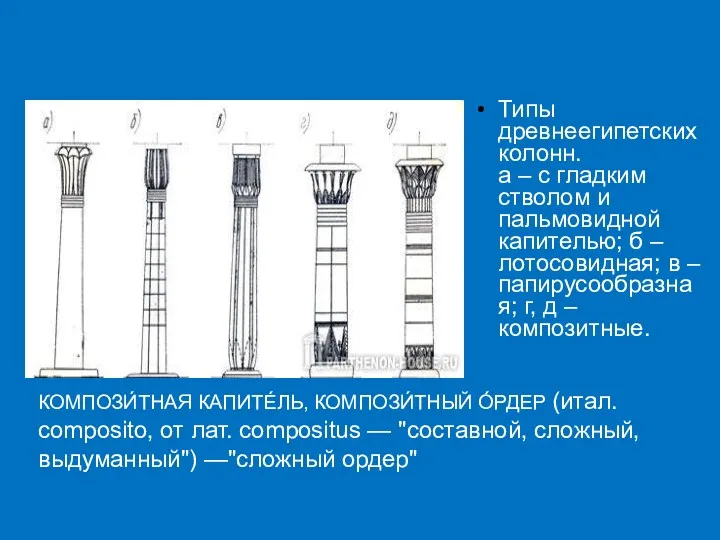 Типы древнеегипетских колонн. а – с гладким стволом и пальмовидной