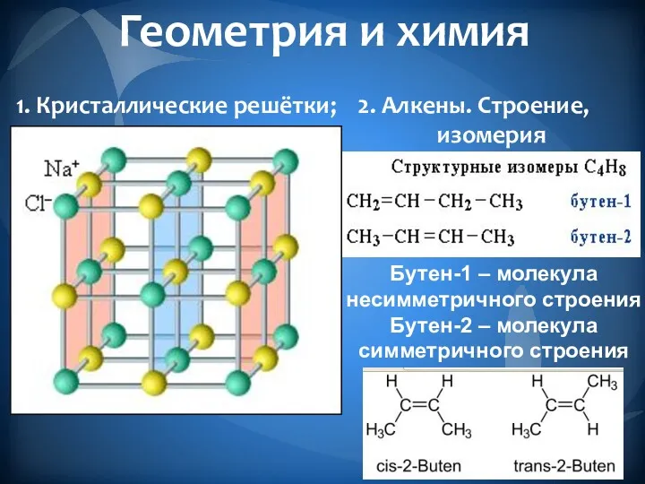 Геометрия и химия 1. Кристаллические решётки; 2. Алкены. Строение, изомерия
