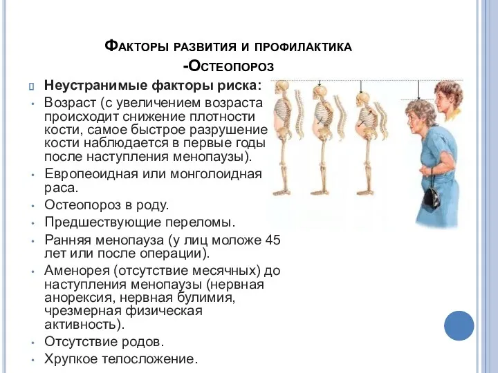 Факторы развития и профилактика -Остеопороз Неустранимые факторы риска: Возраст (с