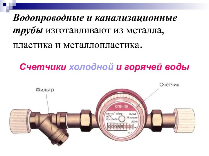 Водопроводные и канализационные трубы изготавливают из металла, пластика и металлопластика. Счетчики холодной и горячей воды