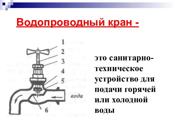 Водопроводный кран - это санитарно- техническое устройство для подачи горячей или холодной воды