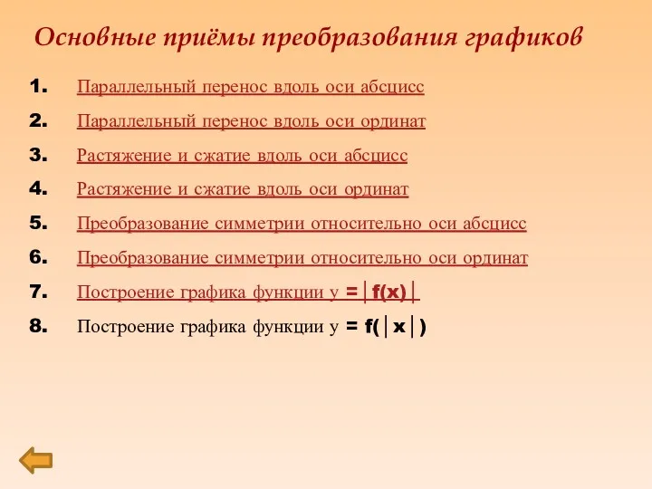 Основные приёмы преобразования графиков Параллельный перенос вдоль оси абсцисс Параллельный