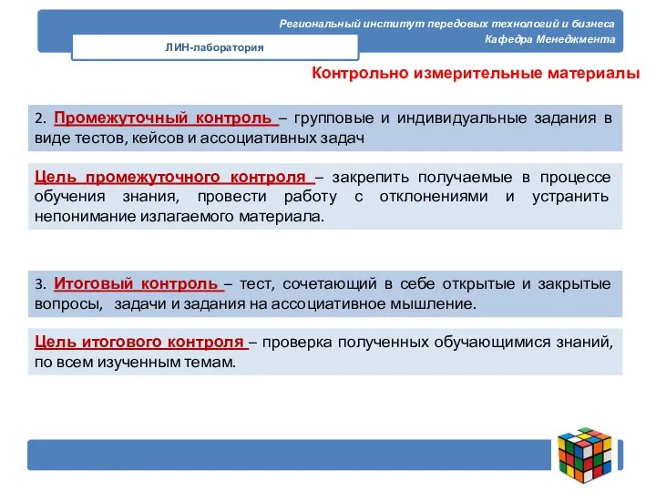 Региональный институт передовых технологий и бизнеса Кафедра Менеджмента ЛИН-лаборатория Контрольно