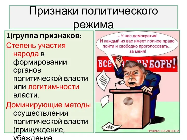 Признаки политического режима 1)группа признаков: Степень участия народа в формировании