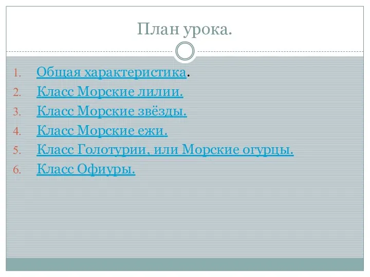 План урока. Общая характеристика. Класс Морские лилии. Класс Морские звёзды.