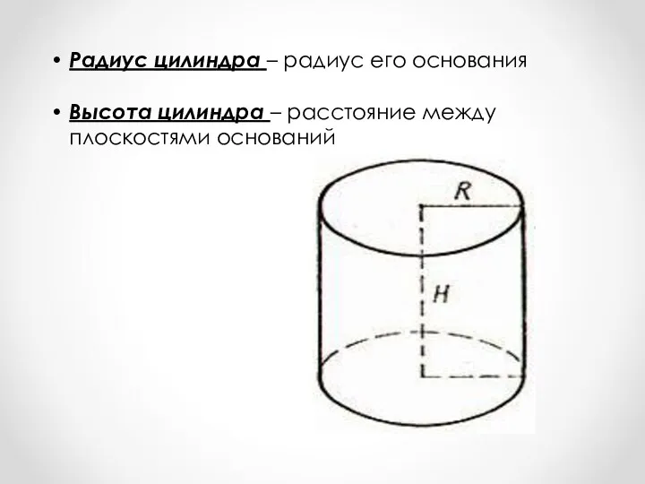 Радиус цилиндра – радиус его основания Высота цилиндра – расстояние между плоскостями оснований