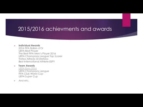 2015/2016 achievments and awards Individual Awards 2016 FIFA Ballon d'Or
