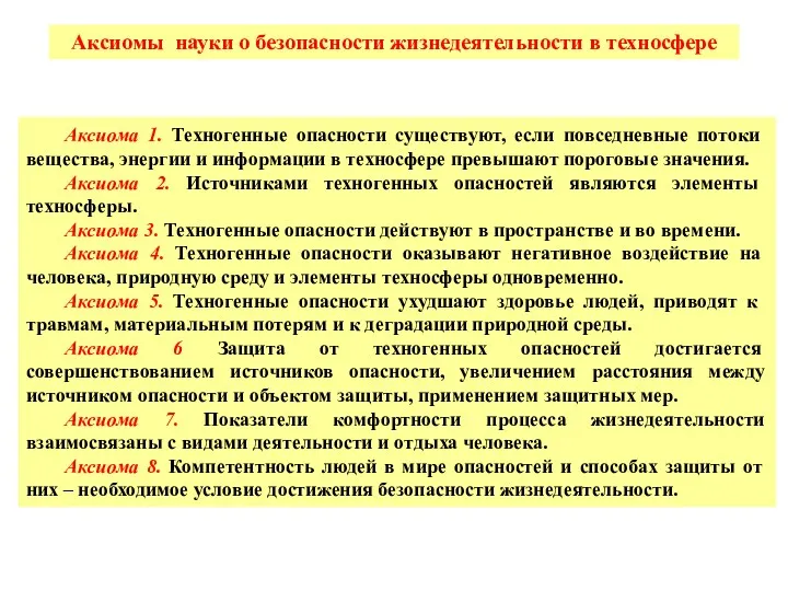 Аксиомы науки о безопасности жизнедеятельности в техносфере Аксиома 1. Техногенные