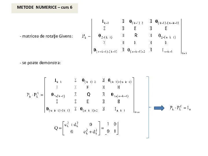 METODE NUMERICE – curs 6 - matricea de rotaţie Givens: - se poate demonstra: