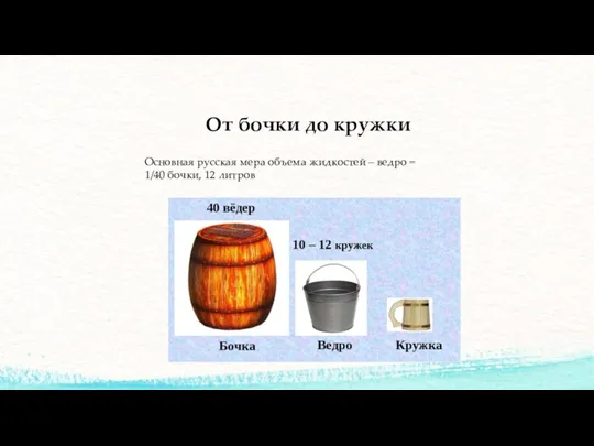От бочки до кружки Основная русская мера объема жидкостей – ведро = 1/40 бочки, 12 литров