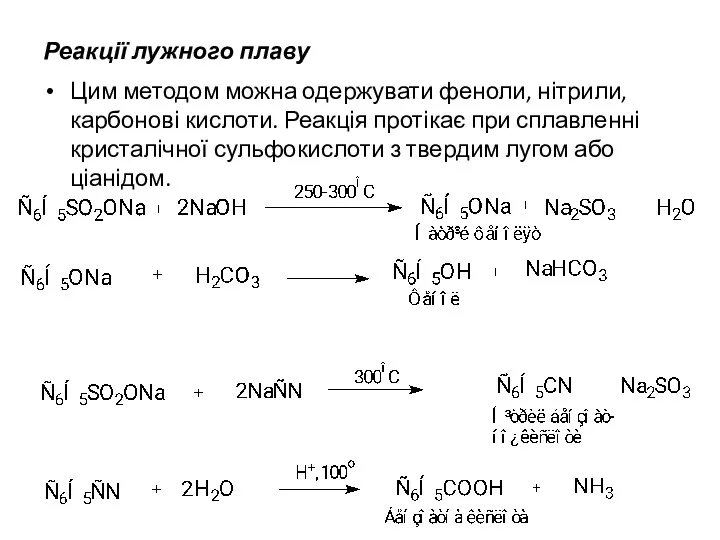 Реакції лужного плаву Цим методом можна одержувати феноли, нітрили, карбонові