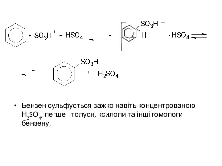 Бензен сульфується важко навіть концентрованою Н2SО4, легше - толуєн, ксилоли та інші гомологи бензену.