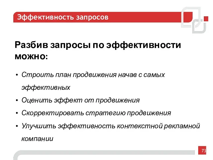 Эффективность запросов Разбив запросы по эффективности можно: Строить план продвижения