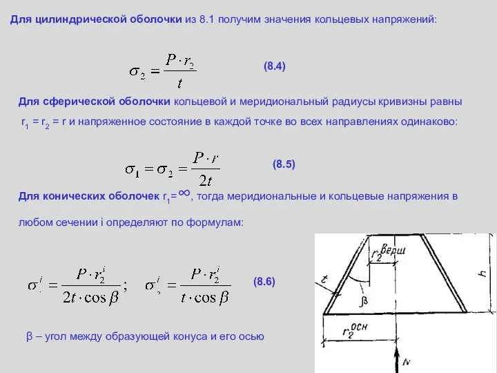 Для цилиндрической оболочки из 8.1 получим значения кольцевых напряжений: (8.4)