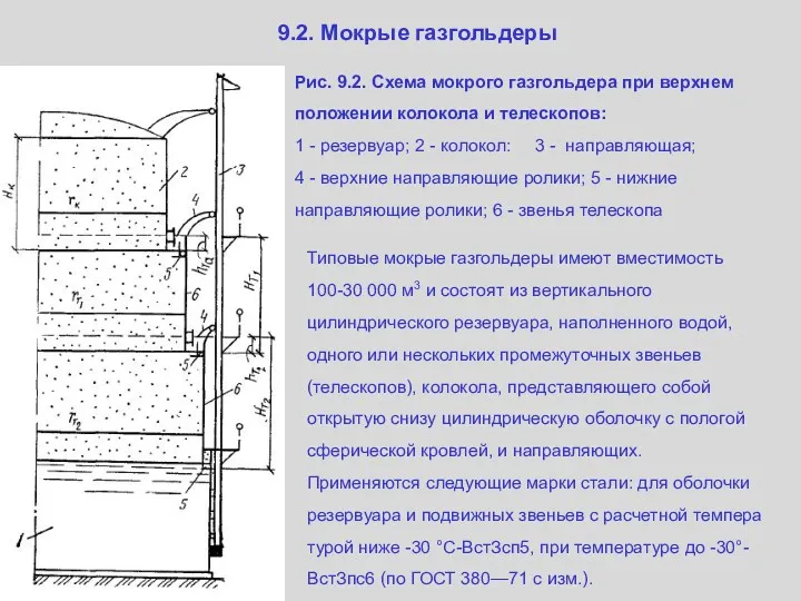 9.2. Мокрые газгольдеры Рис. 9.2. Схема мокрого газгольдера при верхнем