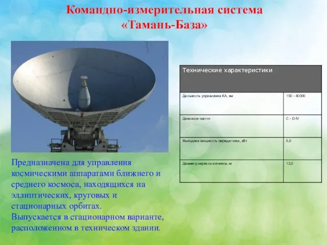 Командно-измерительная система «Тамань-База» Предназначена для управления космическими аппаратами ближнего и