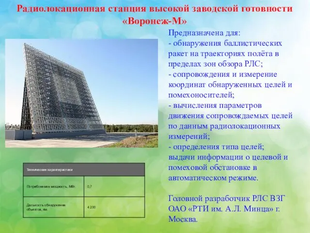 Радиолокационная станция высокой заводской готовности «Воронеж-М» Предназначена для: - обнаружения