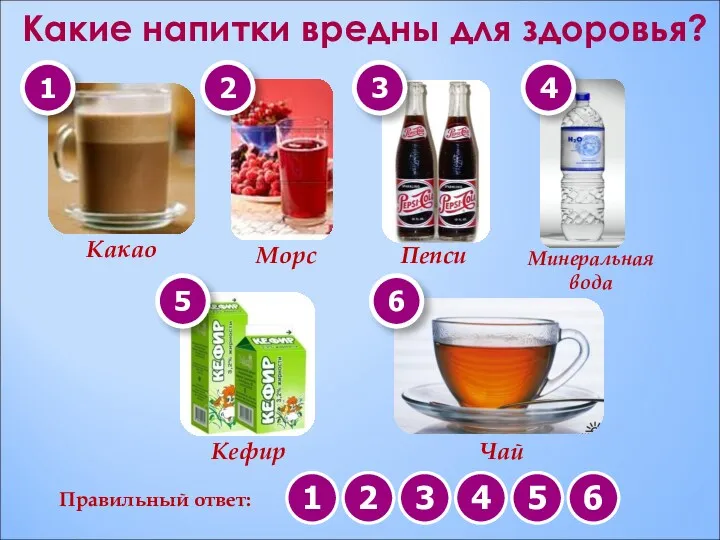 Какие напитки вредны для здоровья? Какао Морс Пепси Кефир Минеральная вода Чай 1