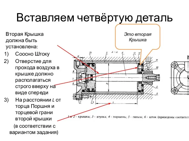 Вставляем четвёртую деталь Вторая Крышка должна быть установлена: Соосно Штоку