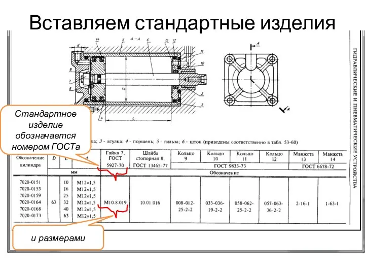 Стандартное изделие обозначается номером ГОСТа Вставляем стандартные изделия и размерами