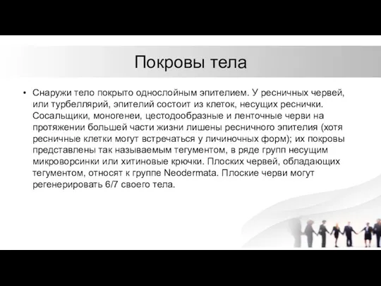 Покровы тела Снаружи тело покрыто однослойным эпителием. У ресничных червей,