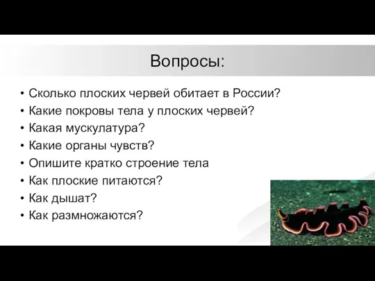 Вопросы: Сколько плоских червей обитает в России? Какие покровы тела