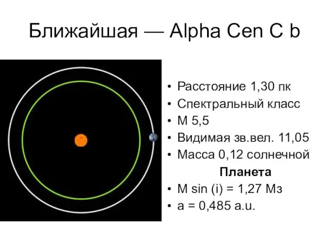 Ближайшая — Alpha Cen C b Расстояние 1,30 пк Спектральный класс M 5,5