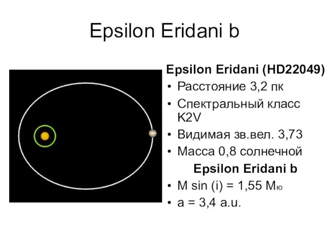 Epsilon Eridani b Epsilon Eridani (HD22049) Расстояние 3,2 пк Спектральный класс K2V Видимая