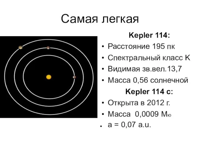 Самая легкая Kepler 114: Расстояние 195 пк Спектральный класс K Видимая зв.вел.13,7 Масса