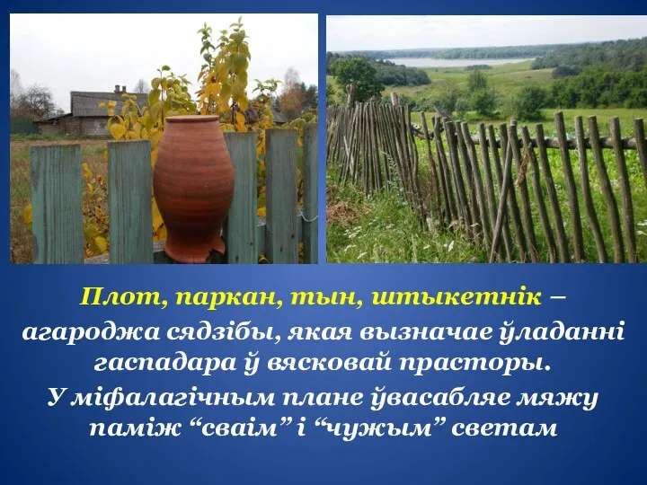 Плот, паркан, тын, штыкетнік – агароджа сядзібы, якая вызначае ўладанні