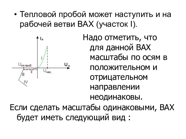 Тепловой пробой может наступить и на рабочей ветви ВАХ (участок