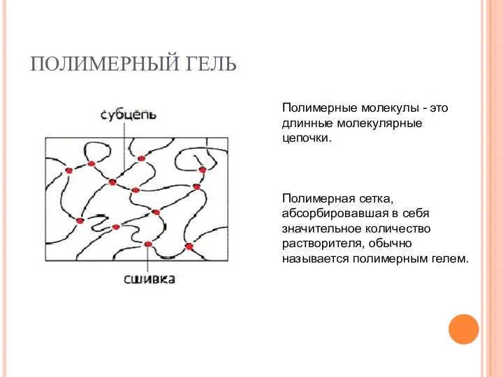 ПОЛИМЕРНЫЙ ГЕЛЬ Полимерные молекулы - это длинные молекулярные цепочки. Полимерная