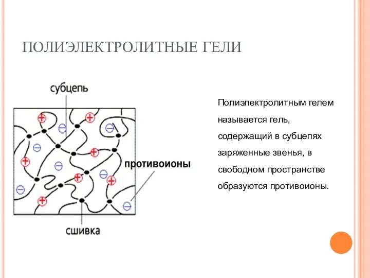 ПОЛИЭЛЕКТРОЛИТНЫЕ ГЕЛИ Полиэлектролитным гелем называется гель, содержащий в субцепях заряженные звенья, в свободном пространстве образуются противоионы.