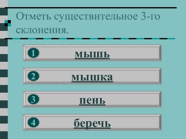 Отметь существительное 3-го склонения. мышь мышка пень беречь 1 2 3 4