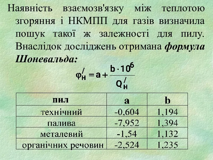 Наявність взаємозв'язку між теплотою згоряння і НКМПП для газів визначила