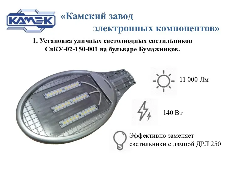 «Камский завод электронных компонентов» 1. Установка уличных светодиодных светильников СвКУ-02-150-001