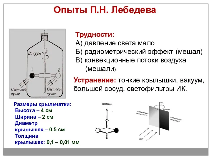 Опыты П.Н. Лебедева Трудности: А) давление света мало Б) радиометрический эффект (мешал) В)