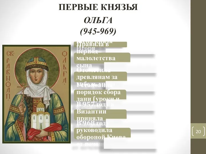 ОЛЬГА (945-969) ПЕРВЫЕ КНЯЗЬЯ Жена князя Игоря Правила в период
