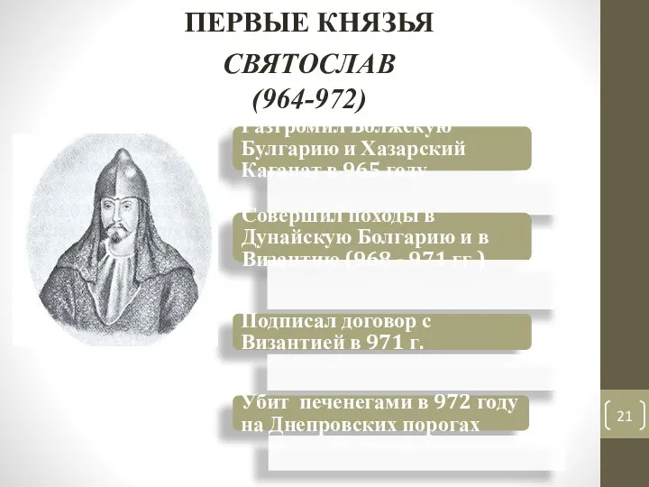 СВЯТОСЛАВ (964-972) ПЕРВЫЕ КНЯЗЬЯ Разгромил Волжскую Булгарию и Хазарский Каганат