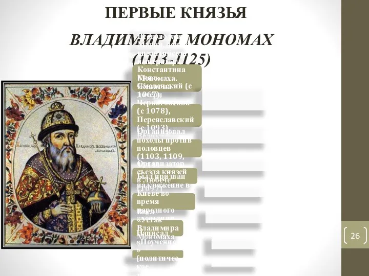 ВЛАДИМИР II МОНОМАХ (1113-1125) ПЕРВЫЕ КНЯЗЬЯ Сын князя Всеволода и