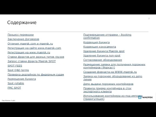Процесс перевозки Заключение Договоров Отличия maersk.com и maersk.ru Регистрация на