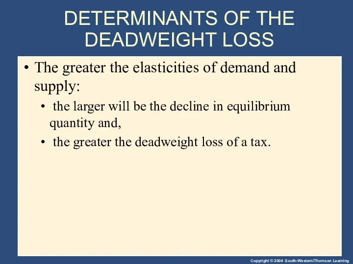 DETERMINANTS OF THE DEADWEIGHT LOSS The greater the elasticities of