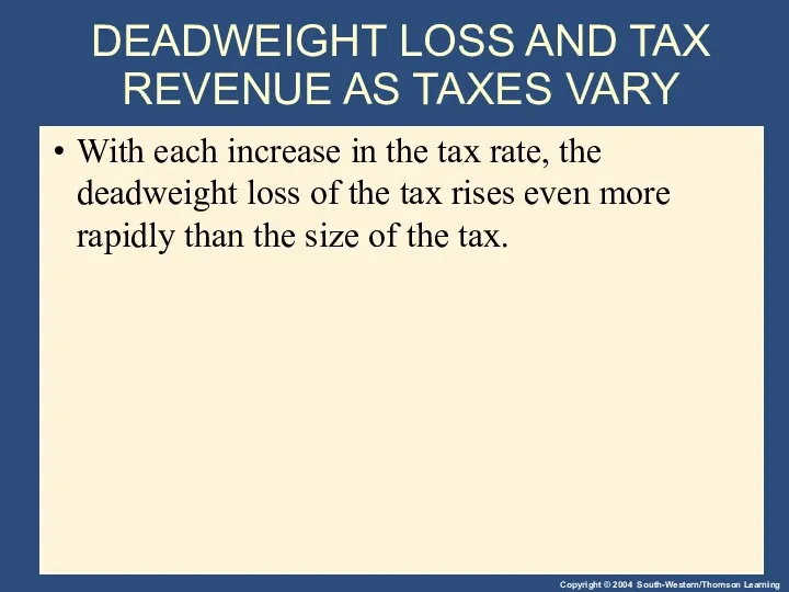 DEADWEIGHT LOSS AND TAX REVENUE AS TAXES VARY With each