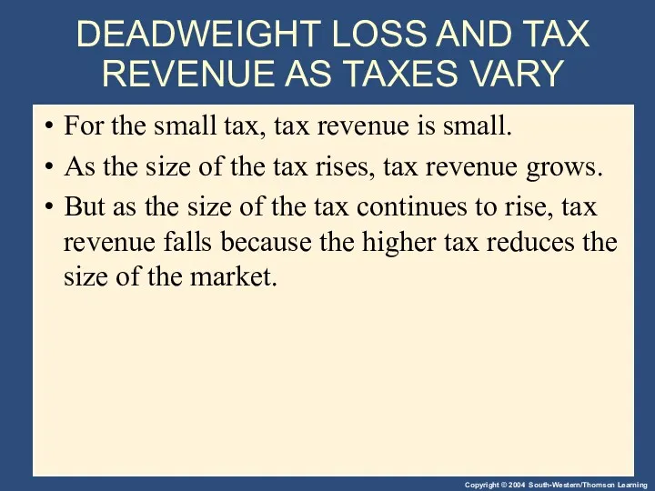 DEADWEIGHT LOSS AND TAX REVENUE AS TAXES VARY For the