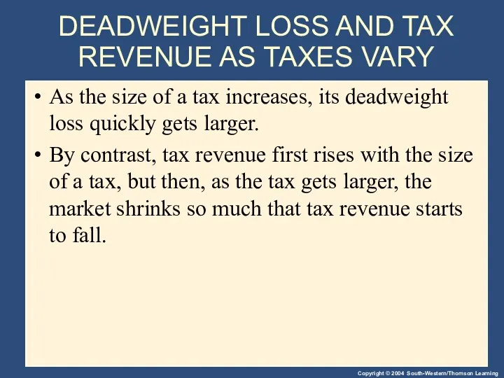 DEADWEIGHT LOSS AND TAX REVENUE AS TAXES VARY As the