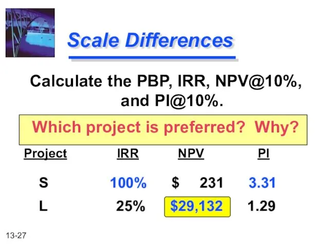 Scale Differences Calculate the PBP, IRR, NPV@10%, and PI@10%. Which