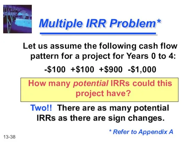Multiple IRR Problem* Two!! There are as many potential IRRs