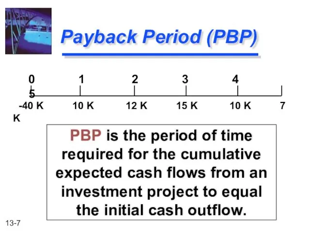 Payback Period (PBP) PBP is the period of time required