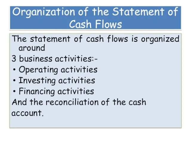 Organization of the Statement of Cash Flows The statement of